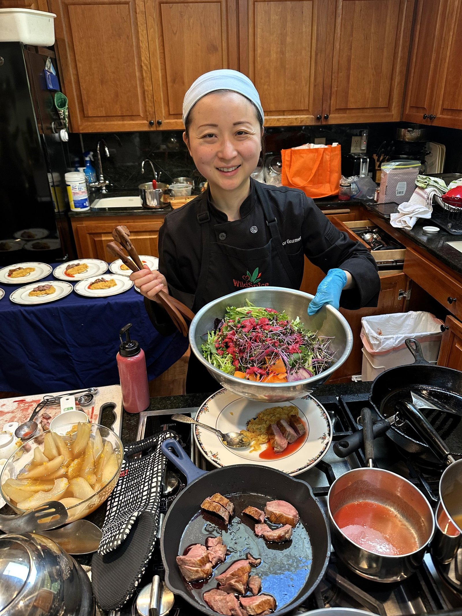 chef mia with salad seared duck truffled mash